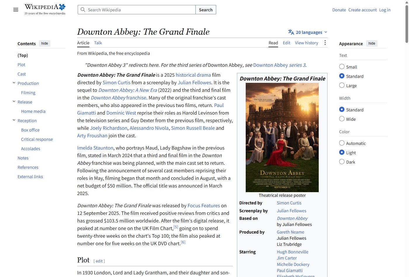 Wikipediaの英語版に掲載された映画Downton Abbey: The Grand Finaleの監督・脚本・製作費など作品概要のスクリーンショット