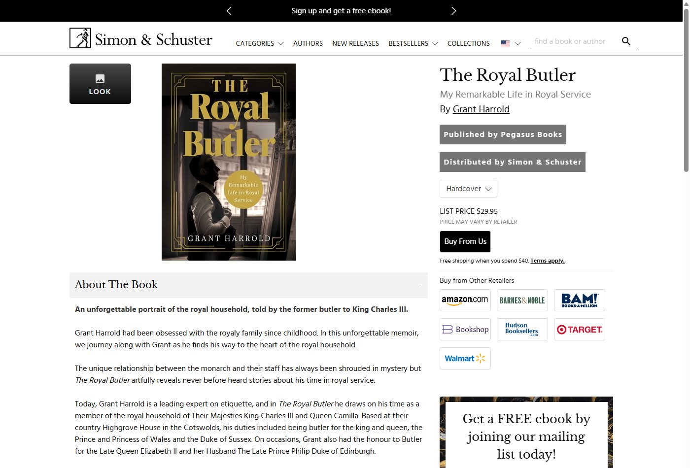 回顧録The Royal Butlerの書誌情報を掲載するSimon & Schuster公式サイトのスクリーンショット