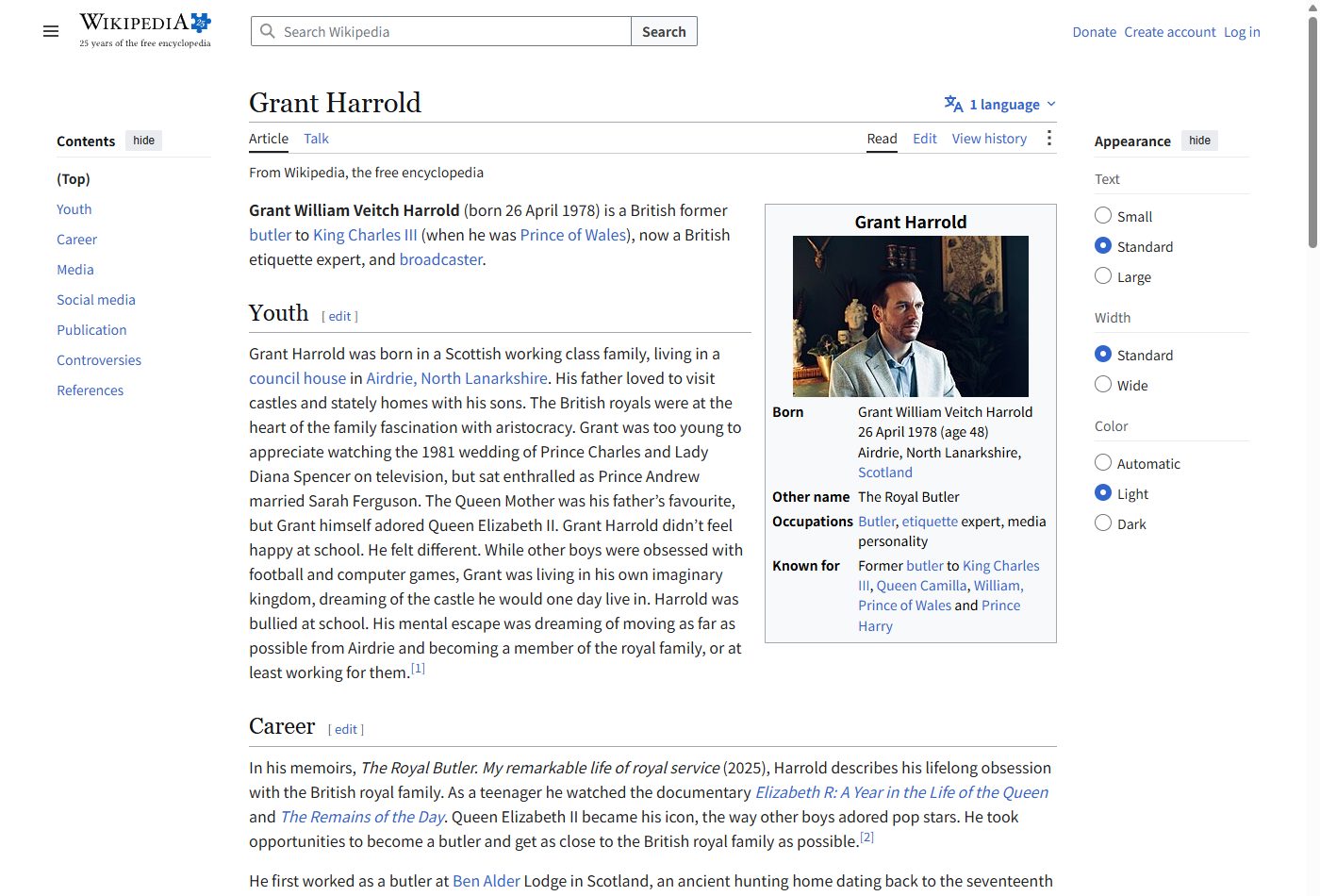 グラント・ハロルドの経歴を解説するWikipedia英語版のページのスクリーンショット