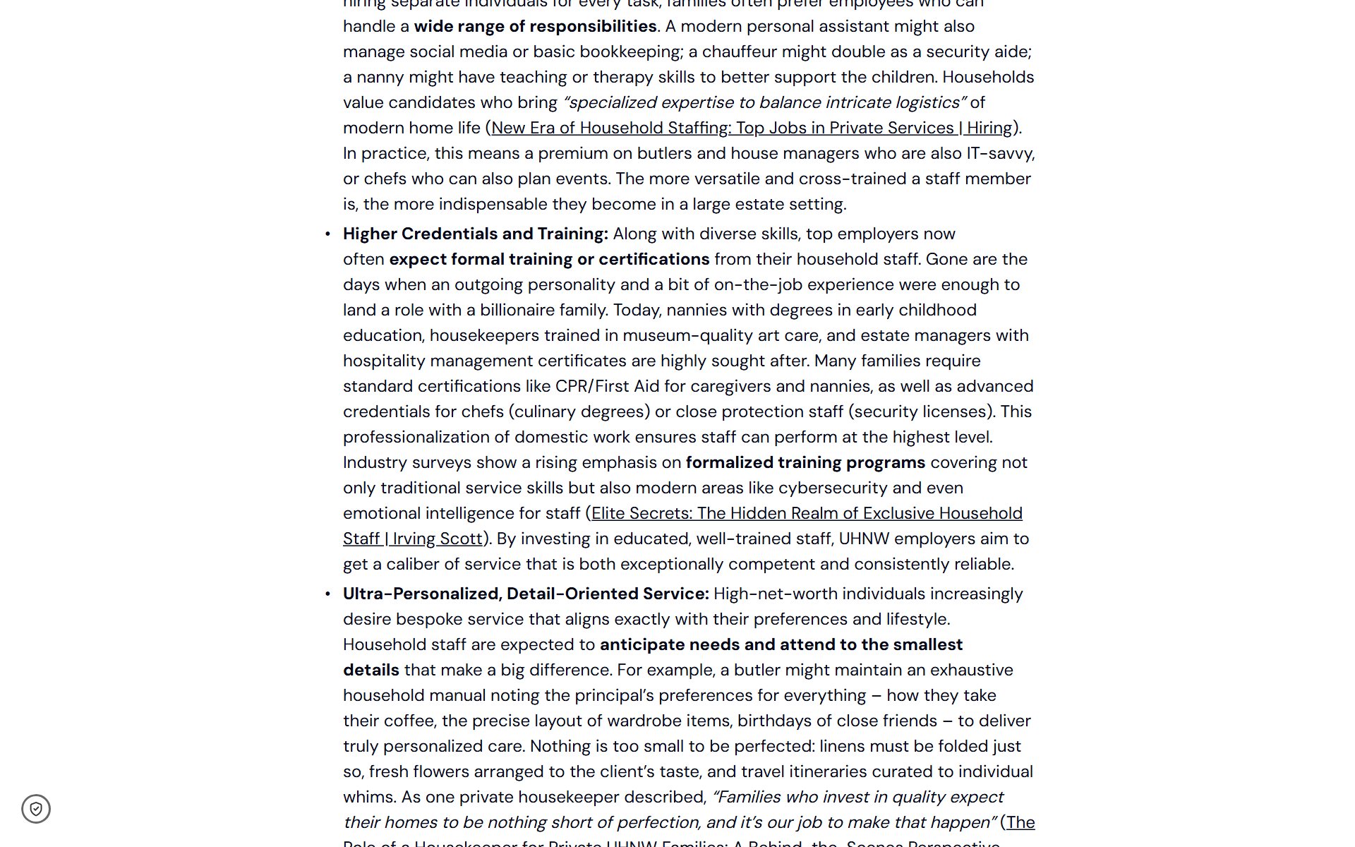Screenshot of the industry-trends source article 'Luxury Household Staffing Trends in 2025' on the MyStaffHQ blog