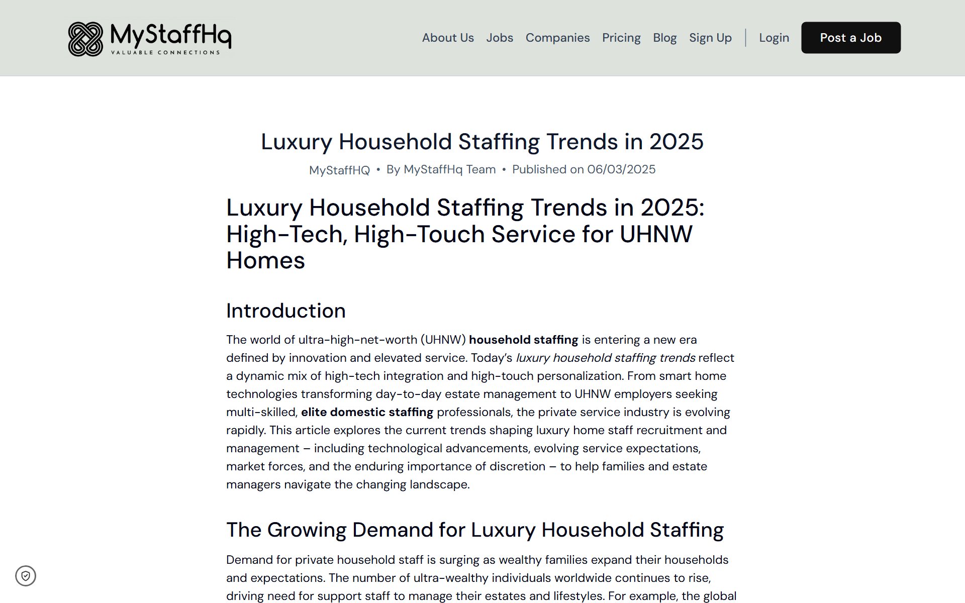 業界動向の出典元「MyStaffHQ」のブログ記事『Luxury Household Staffing Trends in 2025』のスクリーンショット