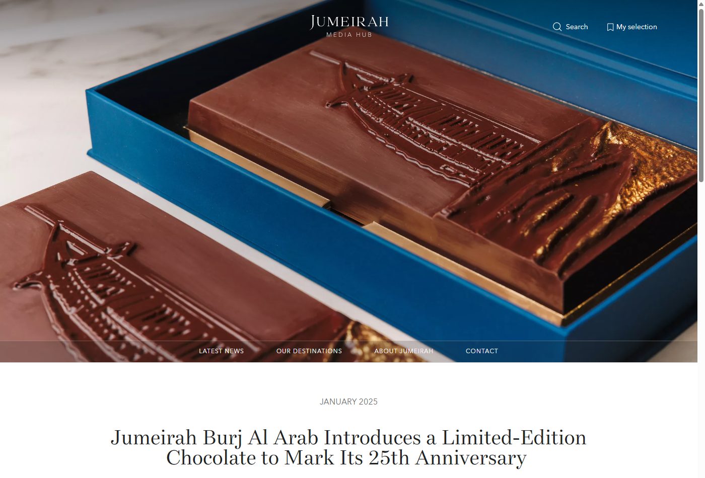 25周年を記念した限定チョコレートの発売を伝えるJumeirah公式メディアハブのページのスクリーンショット