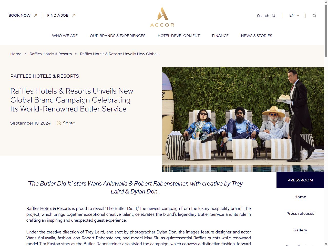 Accor Pressroomに掲載されたRaffles「The Butler Did It」キャンペーン発表プレスリリースのスクリーンショット。出演者と制作クレジットが記載されている