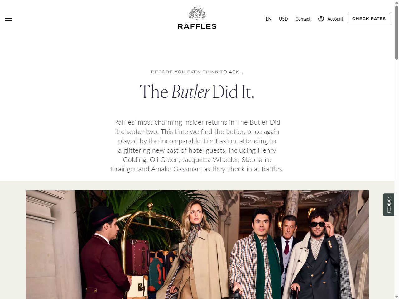 Raffles Hotels & Resorts公式サイトの「The Butler Did It」キャンペーンページのスクリーンショット。バトラー監修のスイート宿泊特典が掲載されている