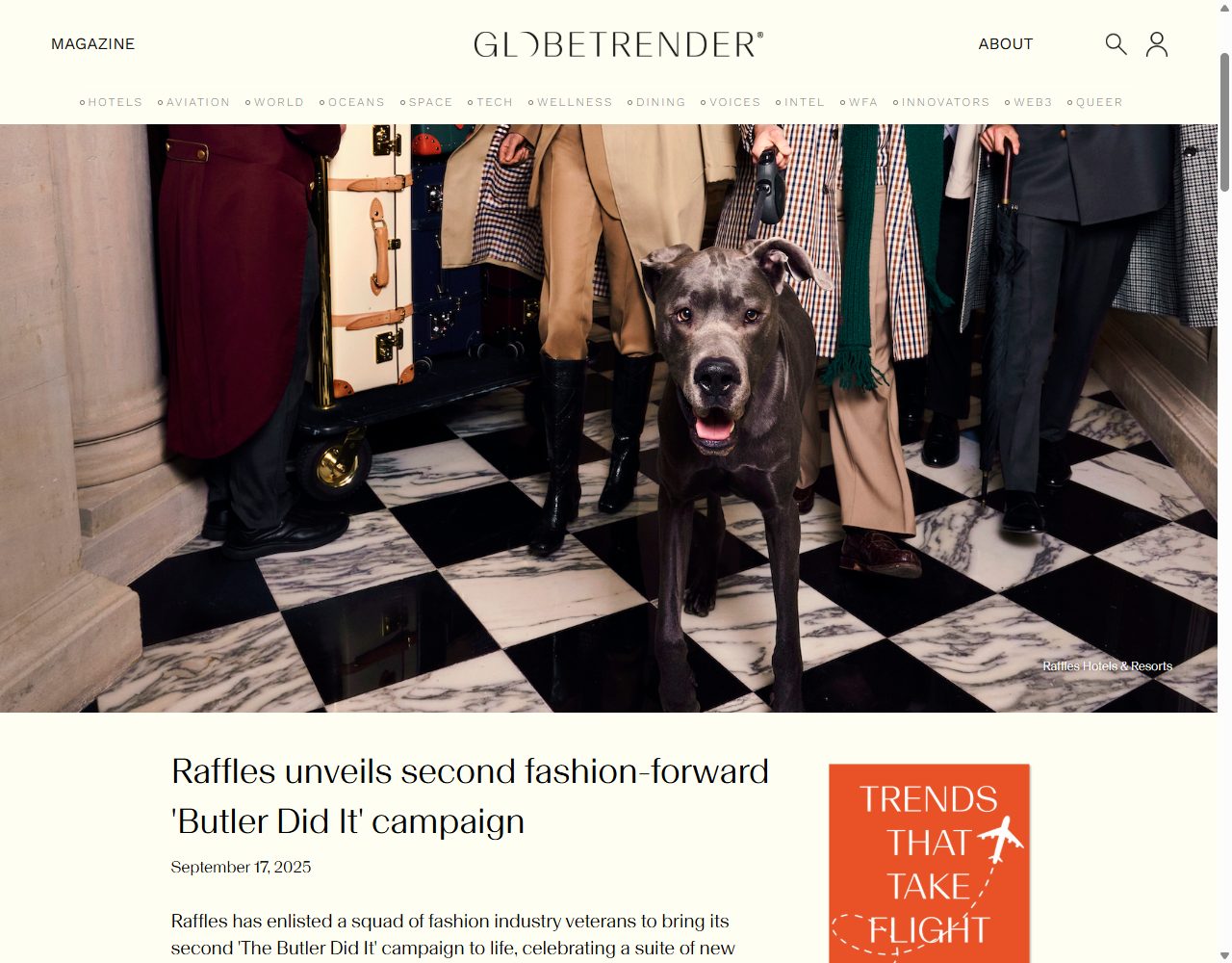 Screenshot of the Globetrender article covering Raffles' The Butler Did It campaign Chapter Two, showing the headline and campaign visual