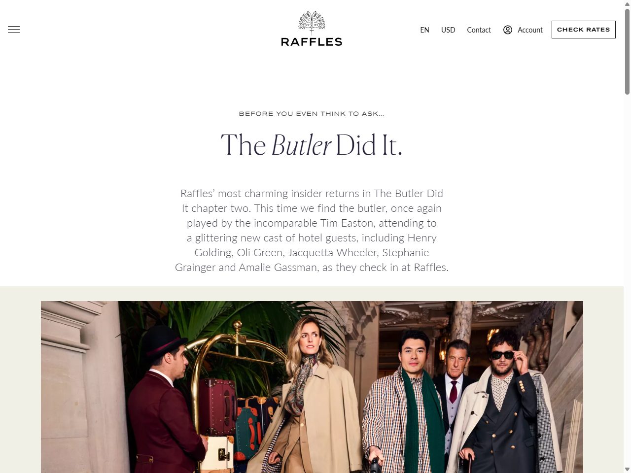 Screenshot of the Raffles Hotels & Resorts official website page for the The Butler Did It campaign, presenting the Chapter Two cast and staging