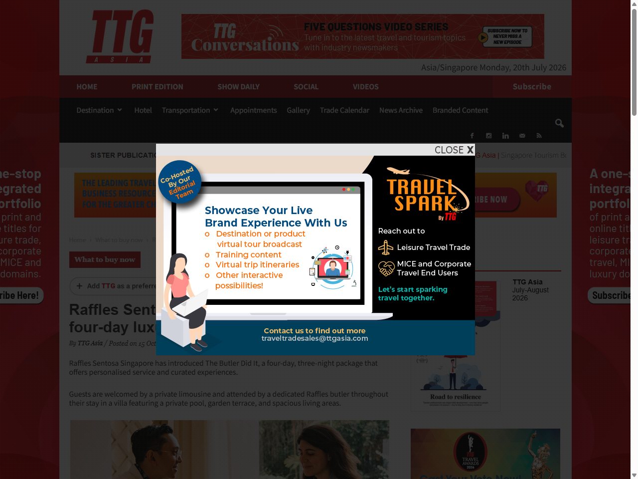 Screenshot of the TTG Asia article covering the Raffles Sentosa Singapore bespoke four-day luxury package