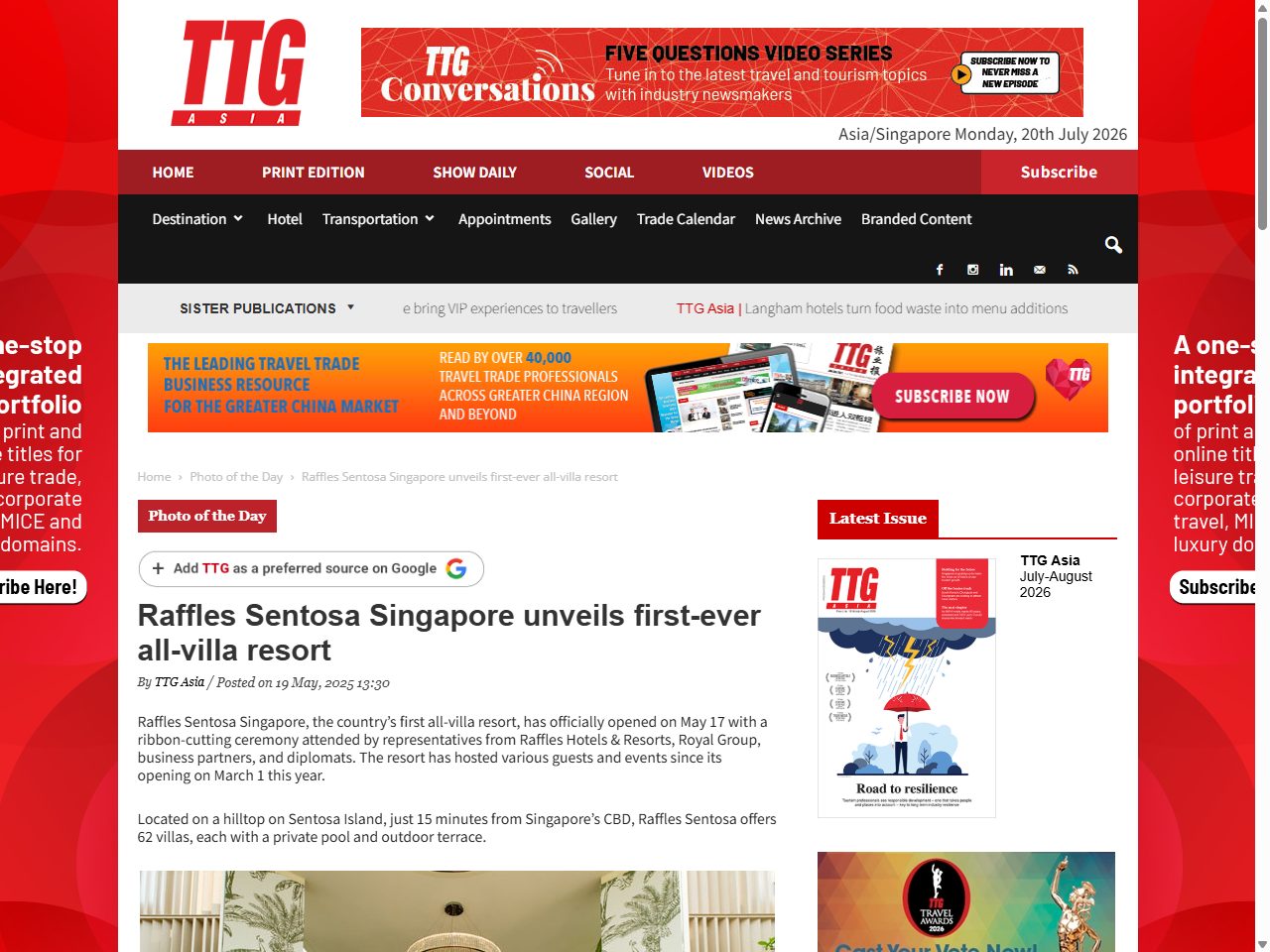 Screenshot of the TTG Asia article reporting that Raffles Sentosa Singapore was unveiled as the brand's first-ever all-villa resort