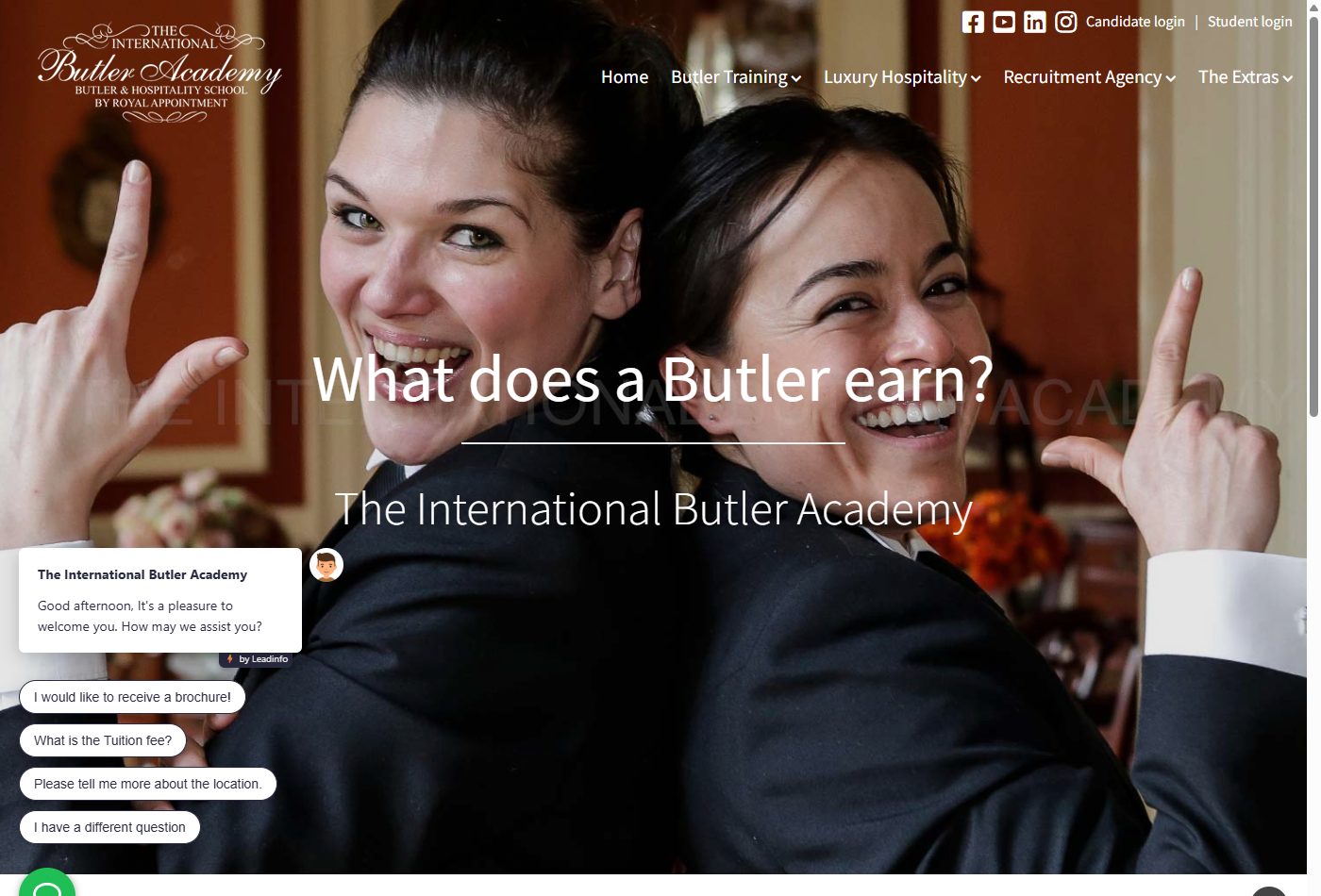 Screenshot of The International Butler Academy page explaining what a butler earns