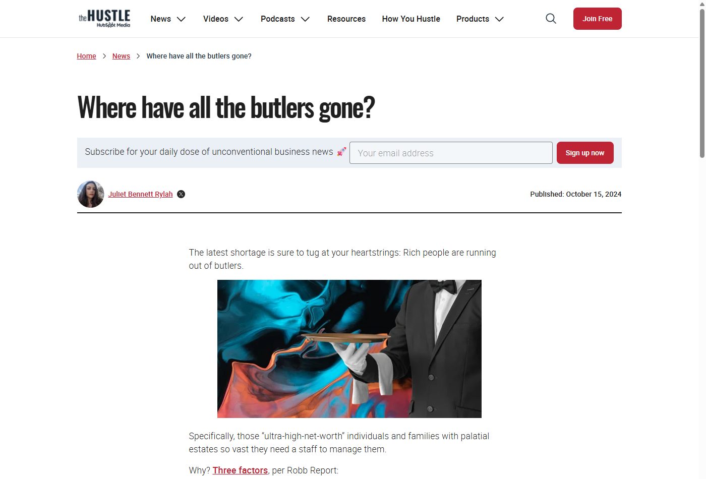 Screenshot of The Hustle article on the butler shortage and salary surge