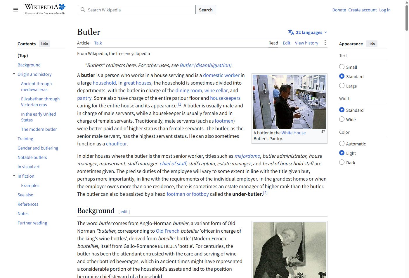 Screenshot of the English Wikipedia page on the history and role of the butler profession