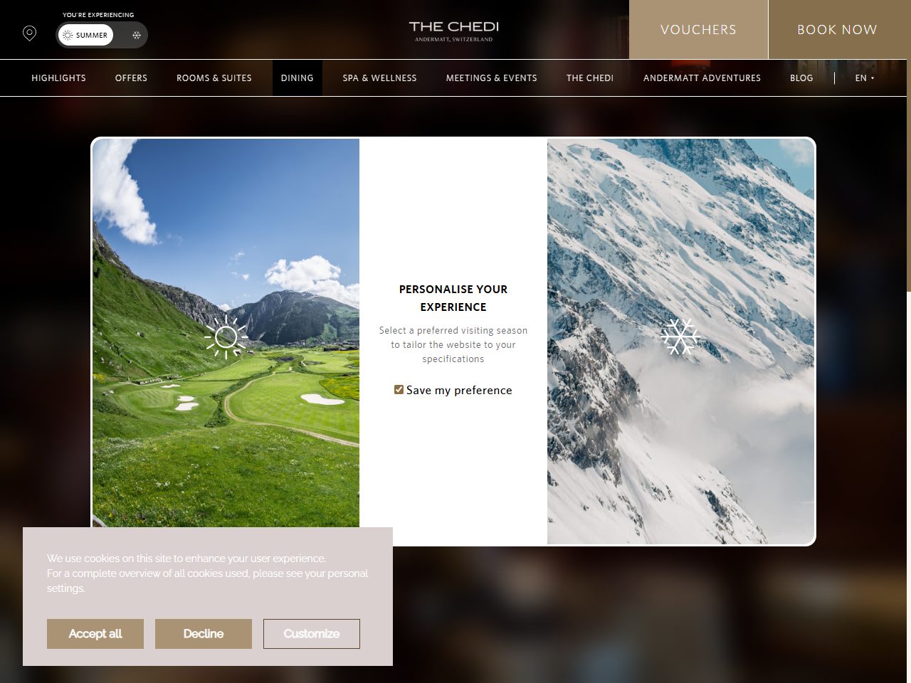 Screenshot of The Chedi Andermatt official website page for The Cigar Library, presenting its rare cigar collection