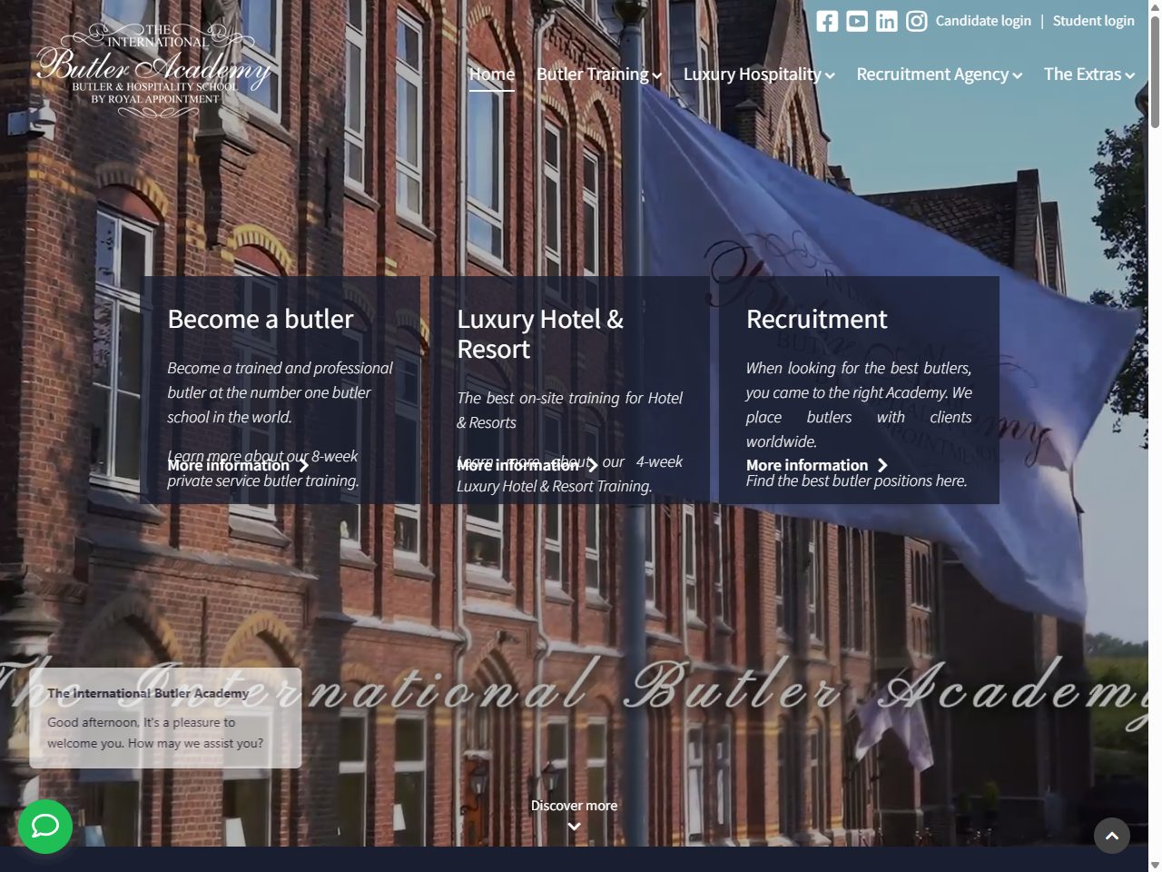 The International Butler Academy(TIBA)公式サイトのトップページのスクリーンショット。受賞歴とモットーが掲載されている