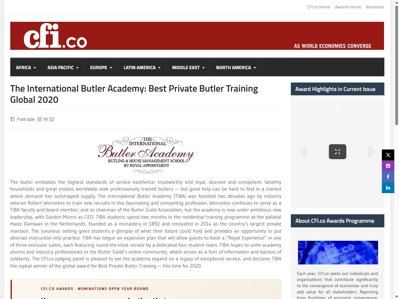 Capital Finance International(CFI.co)の受賞ページのスクリーンショット。The International Butler Academyの受賞が掲載されている