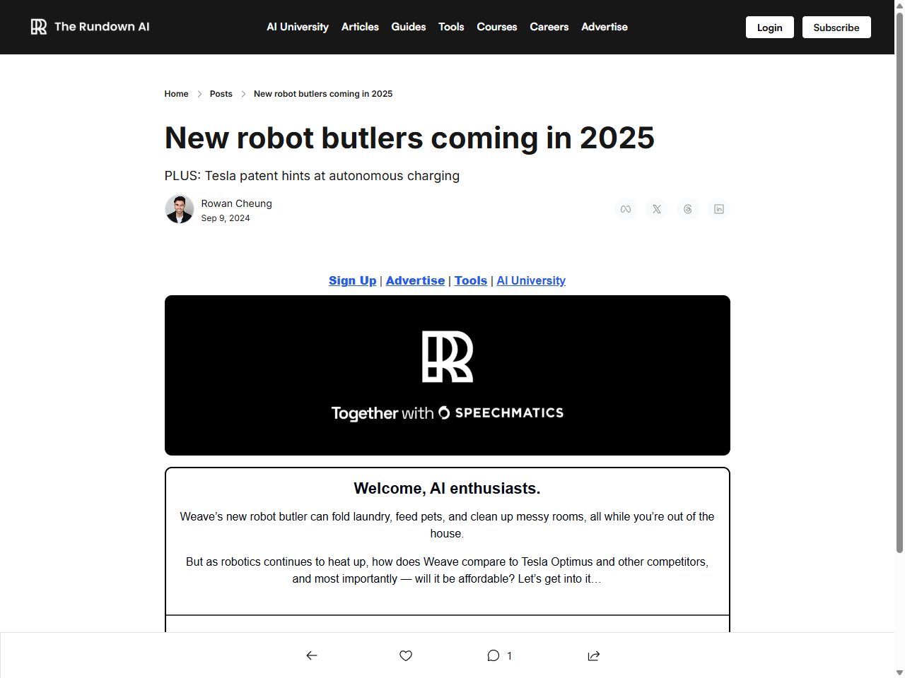 Screenshot of The Rundown AI article covering Weave Robotics' home robot butler Isaac