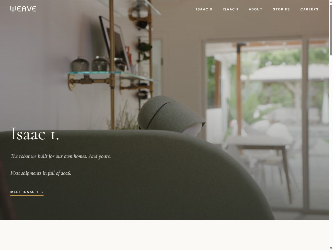 Screenshot of the Weave Robotics official website homepage, presenting the current Isaac 1 model