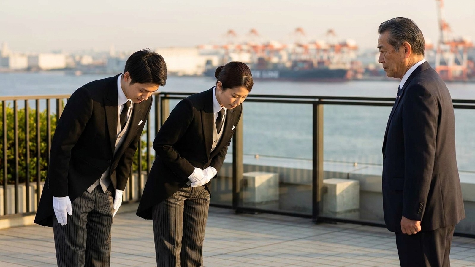 研修で給仕を学ぶ受講生