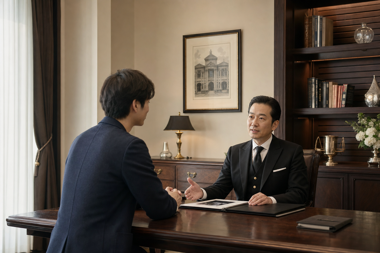 執務室で受講希望者と向かい合う執事