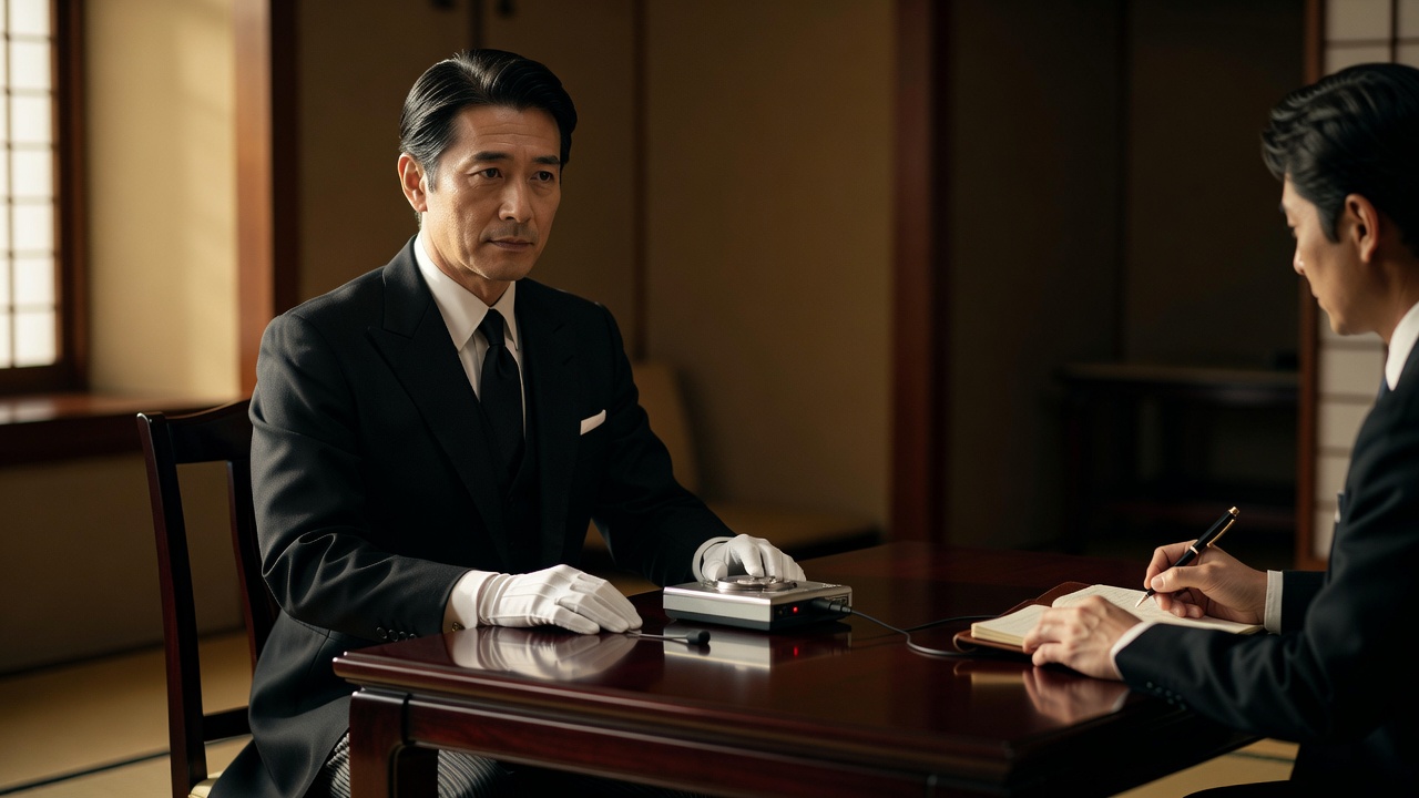 和室で取材を受ける執事