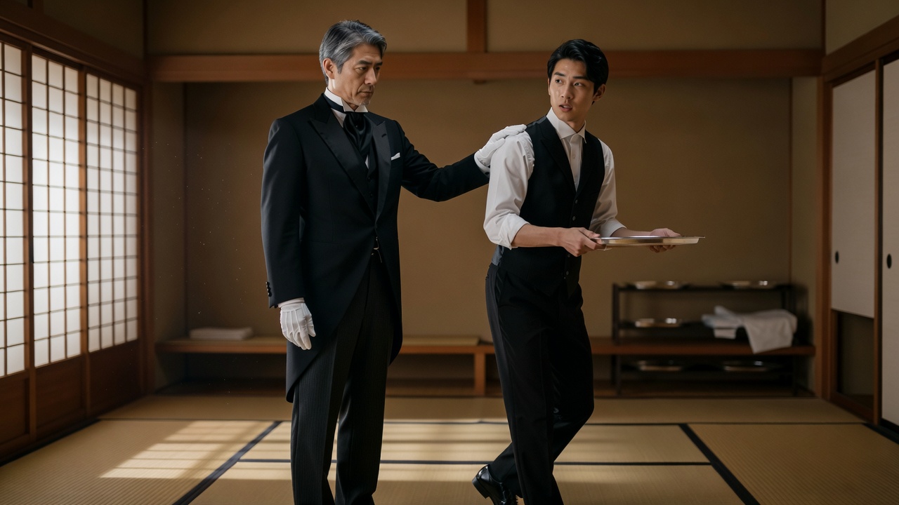 和室で新人に盆の運び方を教える執事