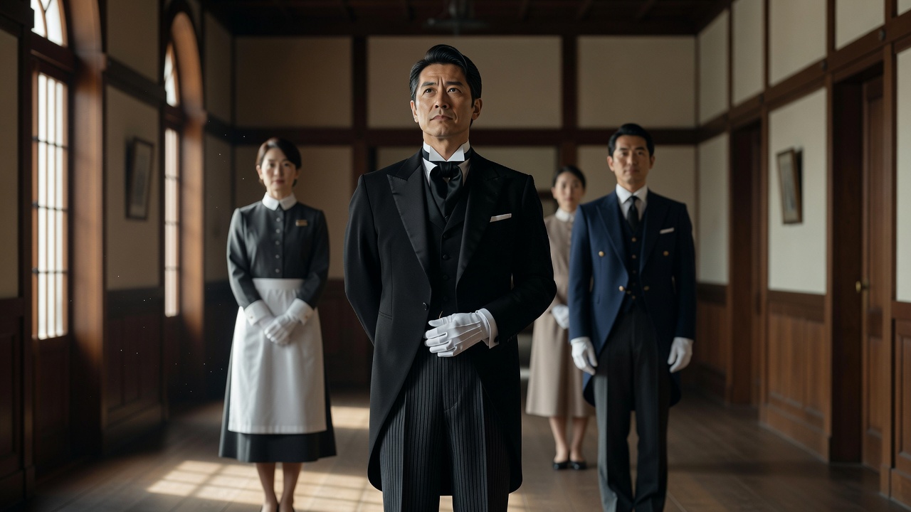 広間に並ぶ執事とハウスキーパーたち