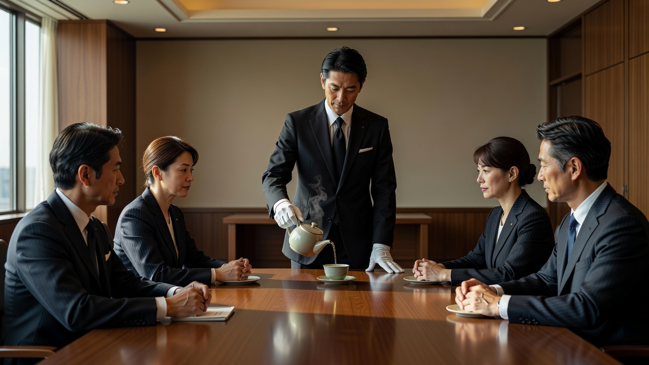 会議の席で茶を供する執事