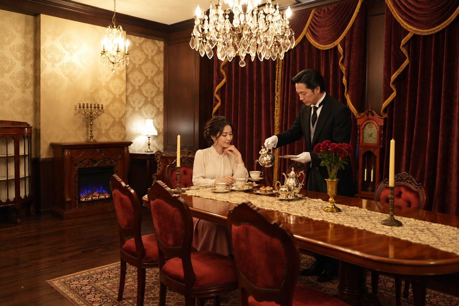 A butler serving tea to a woman guest in a dining room with a chandelier