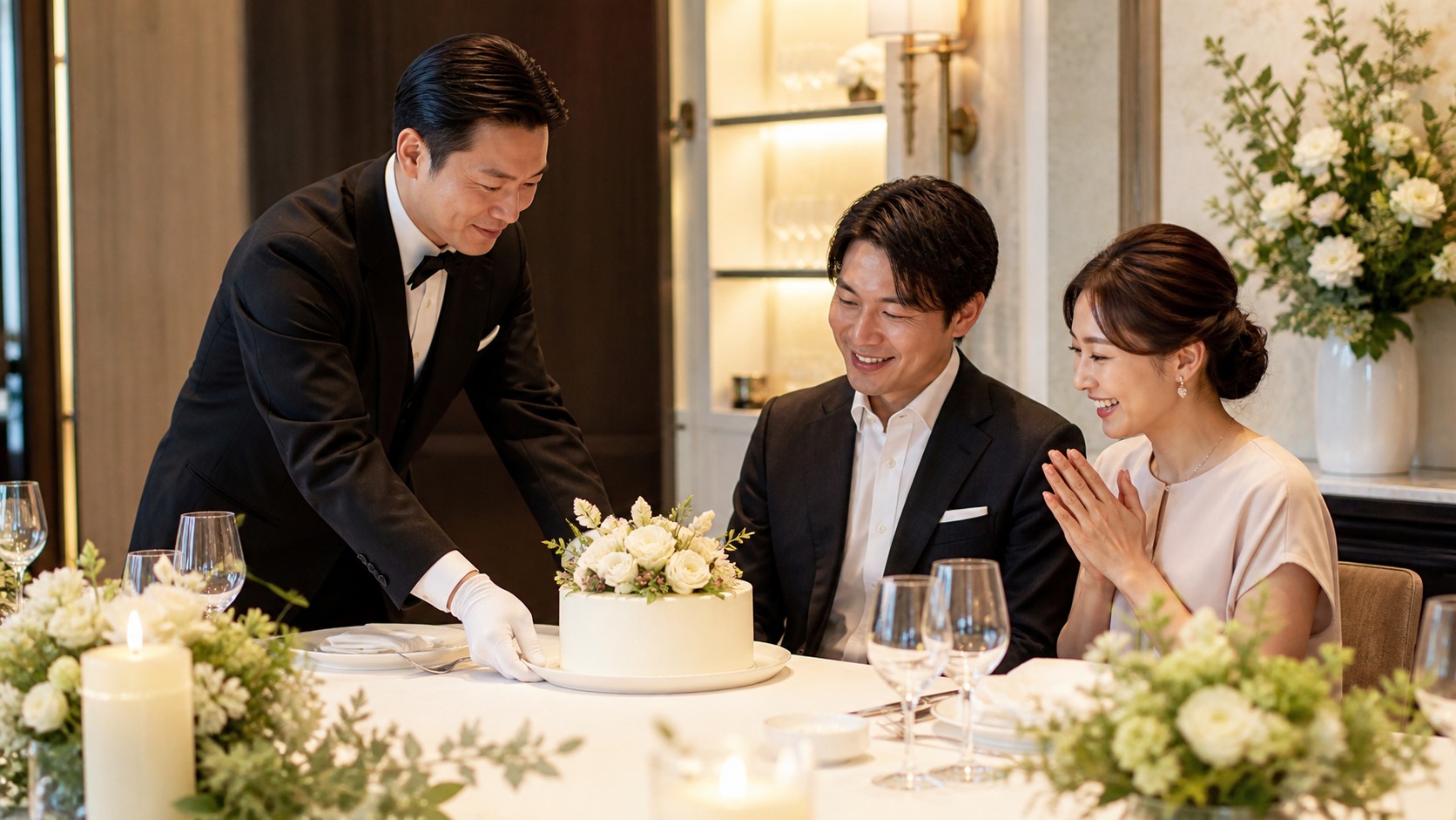 記念日の晩餐にケーキを運ぶ執事
