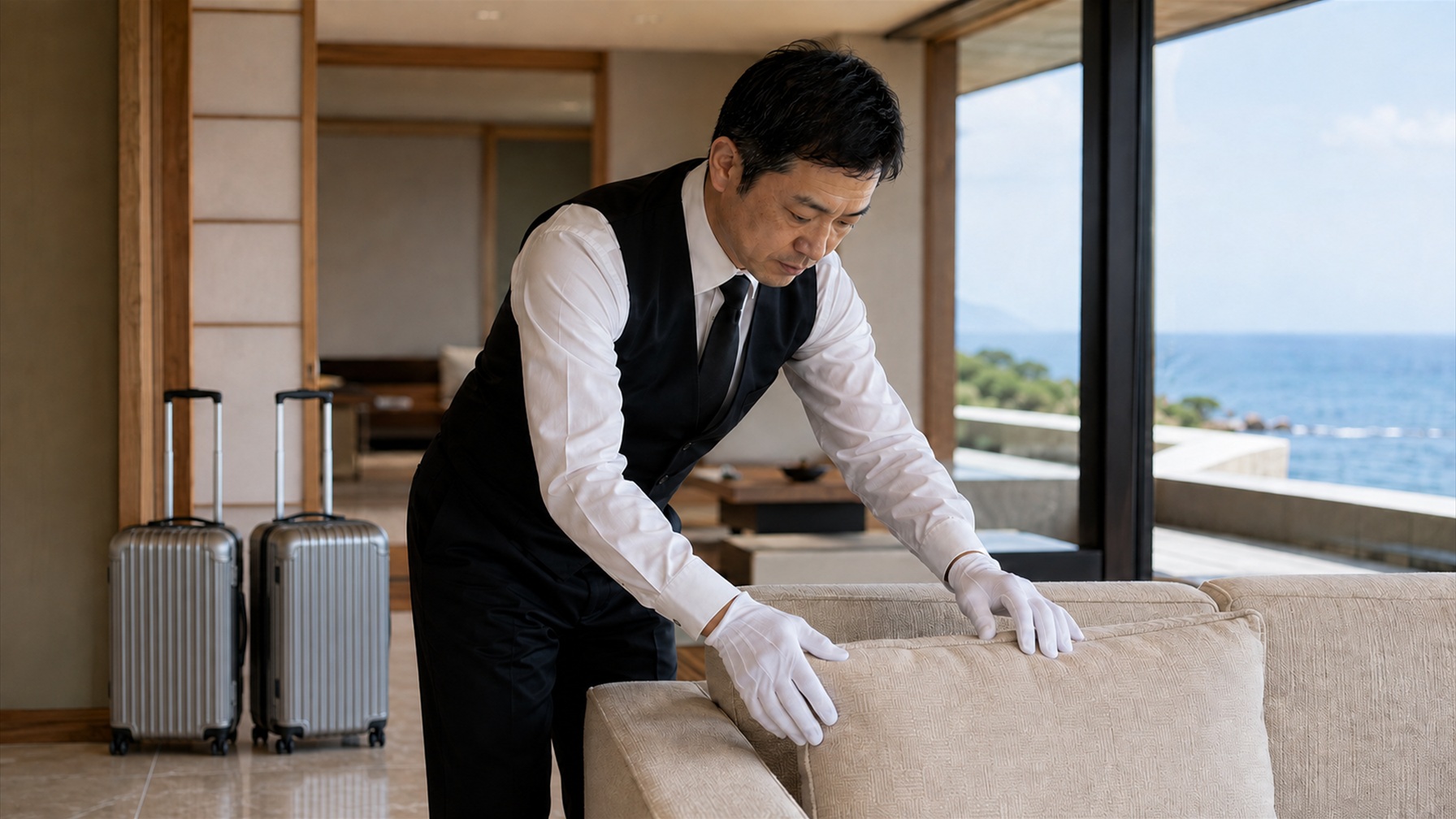 ご到着のご家族をお迎えする執事