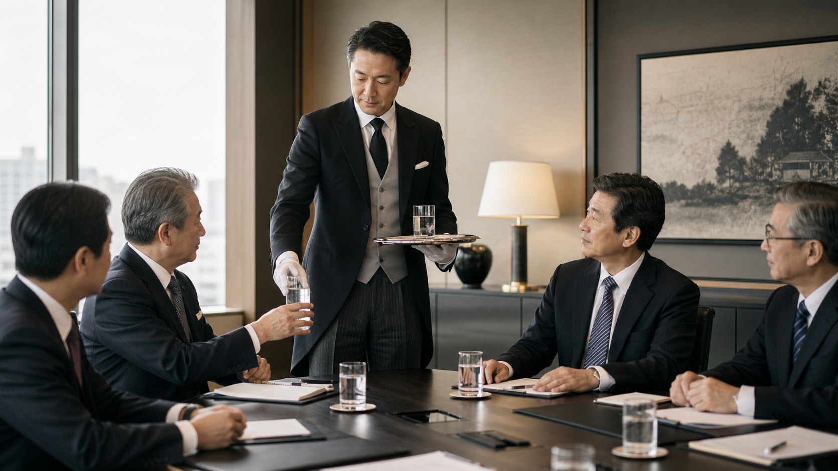 役員室で給仕する執事