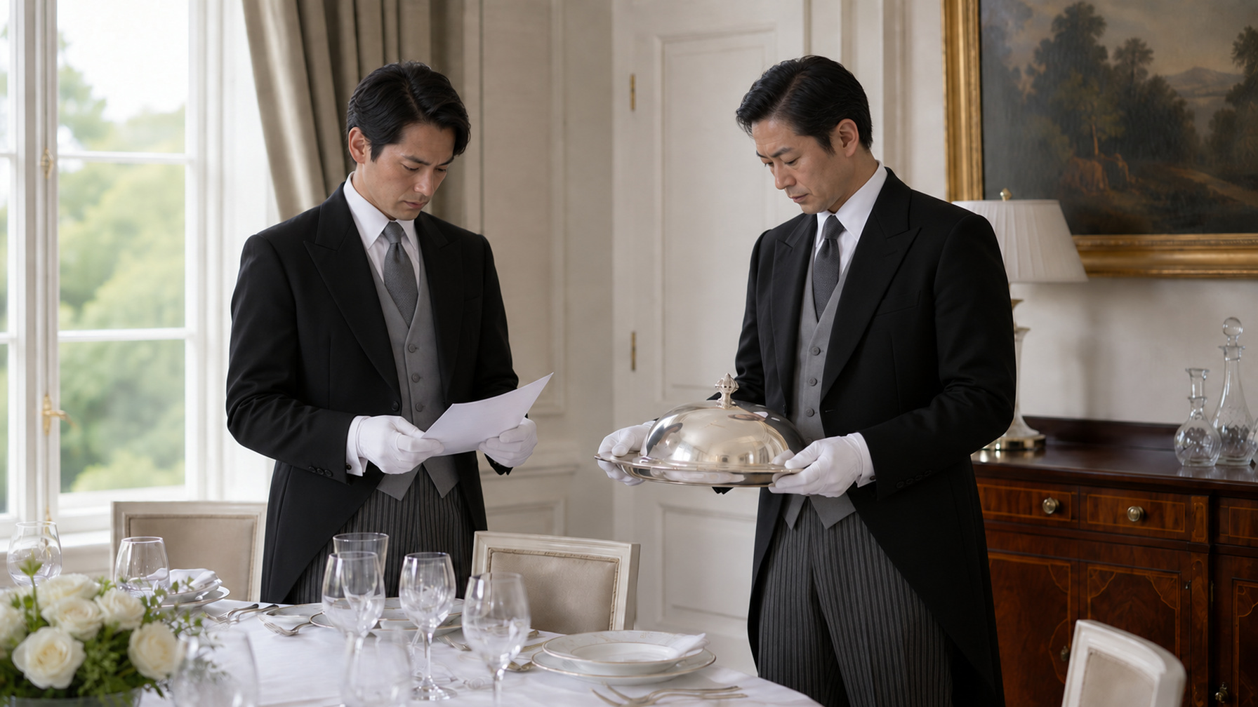 二人の執事が晩餐の支度を整える様子